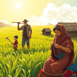 A heartwarming scene depicting a father diligently cultivating a sunlit field, a tired boy beside him holding a large hoe