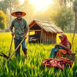 A picturesque scene depicting a hardworking father cultivating a sunlit field, wearing a straw hat, while beside him a tired young boy, with a huge hoe, leans on his tool, looking up at his father