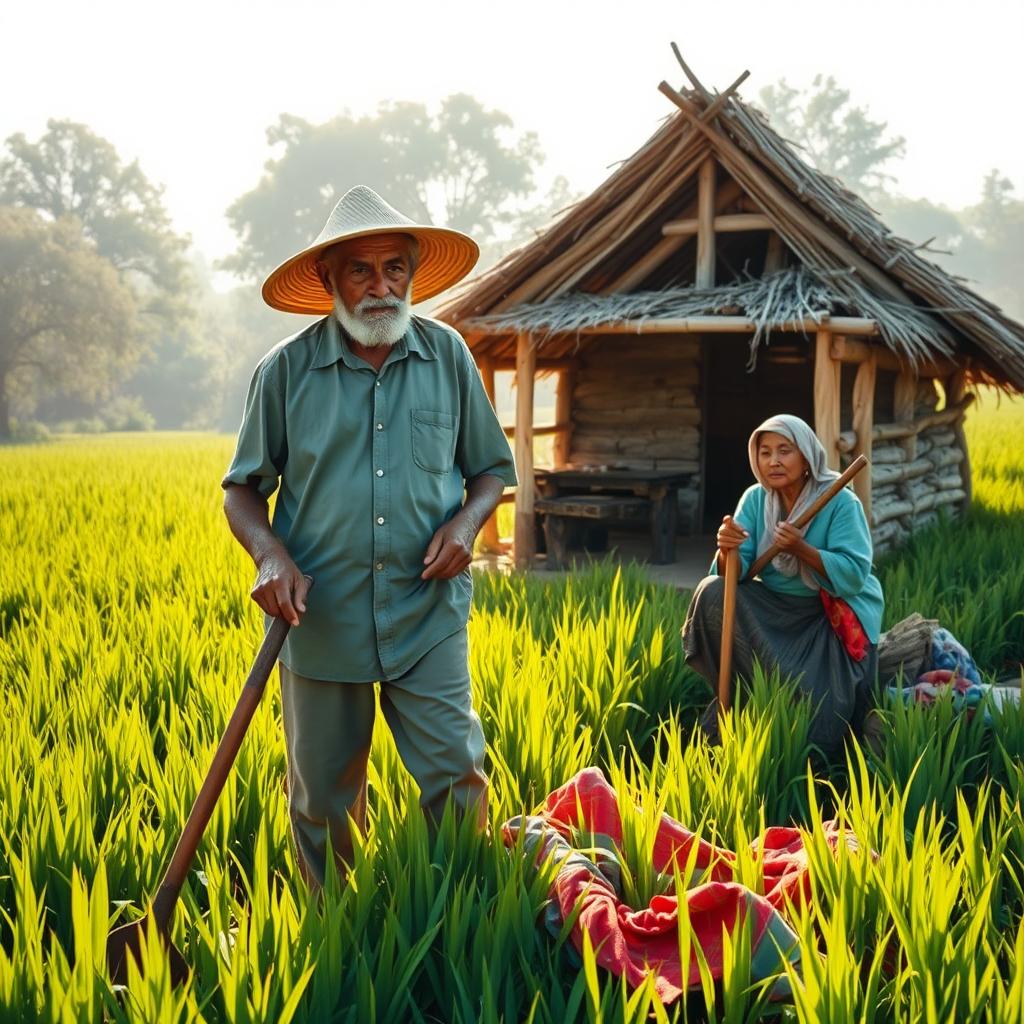 A picturesque scene depicting a hardworking father cultivating a sunlit field, wearing a straw hat, while beside him a tired young boy, with a huge hoe, leans on his tool, looking up at his father