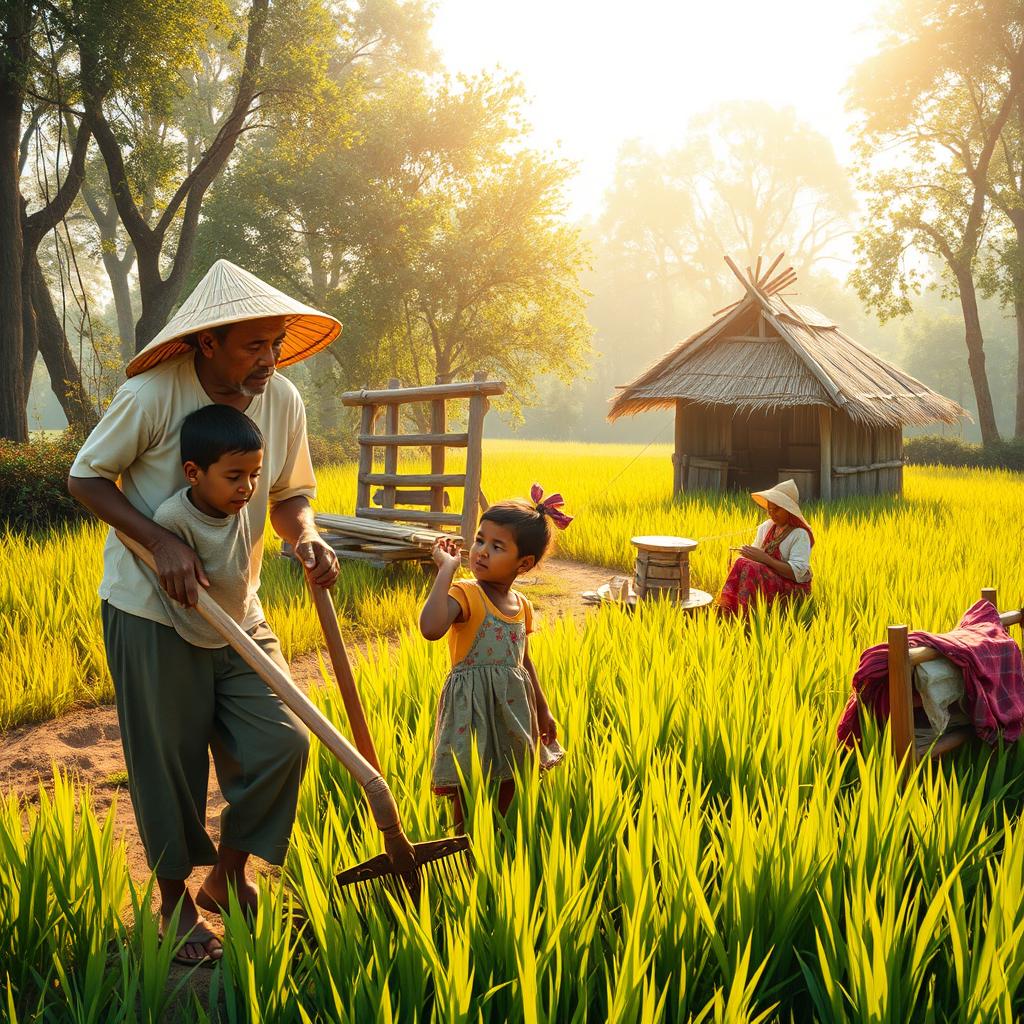 A picturesque scene depicting a hardworking father cultivating a sunlit field, wearing a straw hat, while beside him a tired young boy, with a huge hoe, leans on his tool, looking up at his father