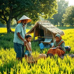 A picturesque scene depicting a hardworking father cultivating a sunlit field, wearing a straw hat, while beside him a tired young boy, with a huge hoe, leans on his tool, looking up at his father