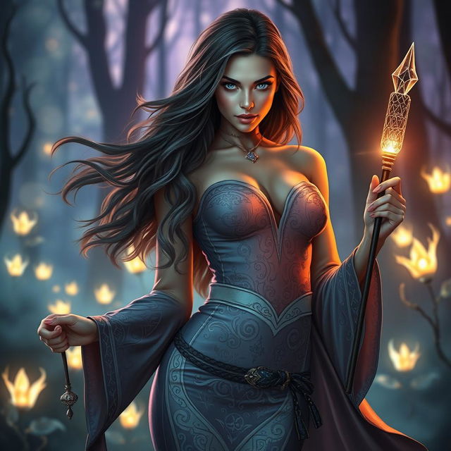 A sexy female wizard, adorned in a form-fitting, elegant robe with intricate magical runes and sparkles, flowing long hair that glows with mystical energy