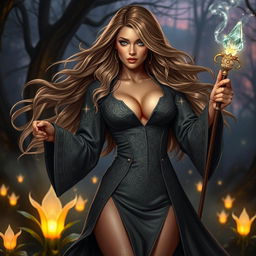 A sexy female wizard, adorned in a form-fitting, elegant robe with intricate magical runes and sparkles, flowing long hair that glows with mystical energy