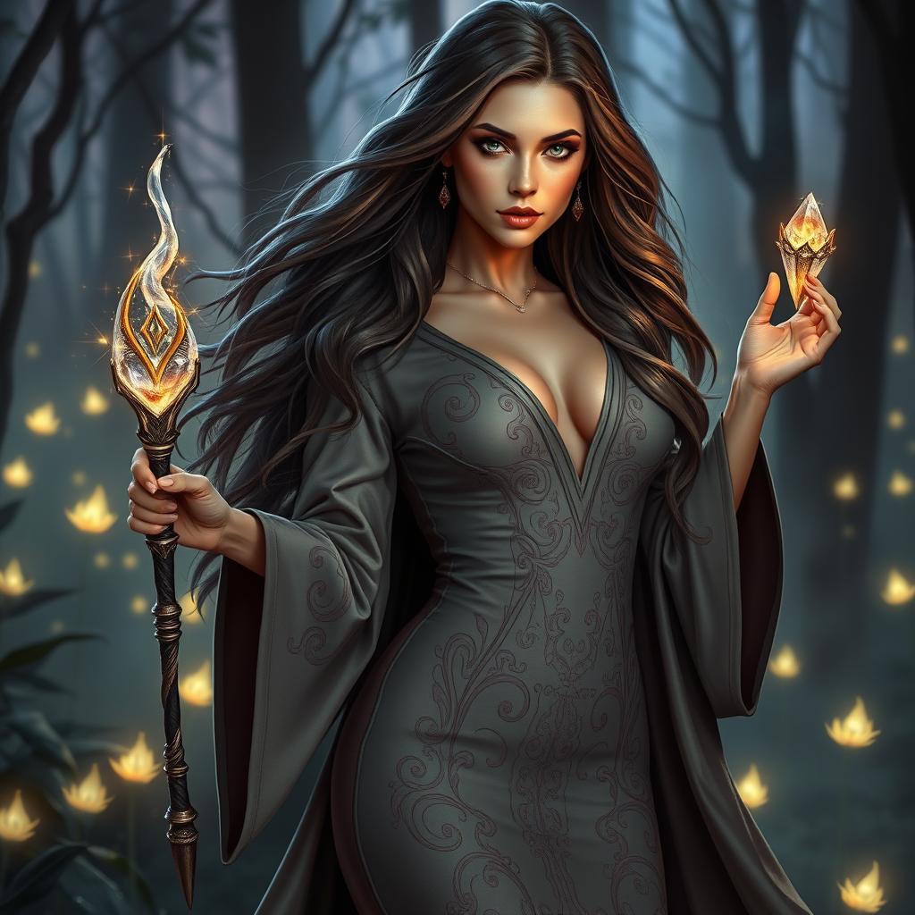 A sexy female wizard, adorned in a form-fitting, elegant robe with intricate magical runes and sparkles, flowing long hair that glows with mystical energy