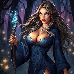 A sexy female wizard, adorned in a form-fitting, elegant robe with intricate magical runes and sparkles, flowing long hair that glows with mystical energy