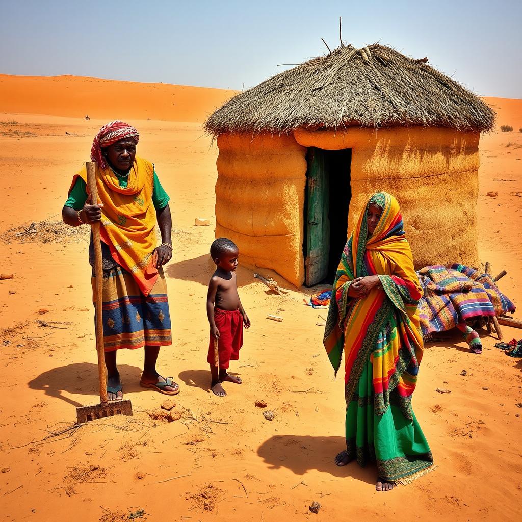 A vivid scene capturing a Somali family in a desert landscape, featuring a determined father cultivating arid land under the hot sun