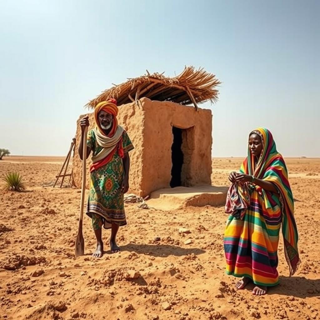 A vivid scene capturing a Somali family in a desert landscape, featuring a determined father cultivating arid land under the hot sun