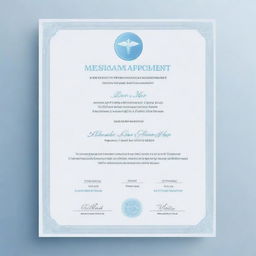 Minimalistic medical appointment certificate with elegance. Background should be white, with a blend of sky-blue and gray fonts. Essential details like name, date, time and doctor's name must be included in a professional manner.