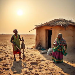 A vivid scene capturing a Somali family in a desert landscape, featuring a determined father cultivating arid land under the hot sun