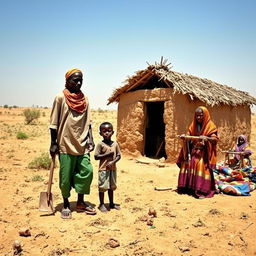 A vivid scene capturing a Somali family in a desert landscape, featuring a determined father cultivating arid land under the hot sun