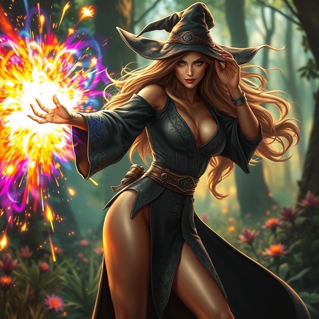 A sexy female wizard casting a powerful magical blast, her body elegantly posed and exuding a confident energy