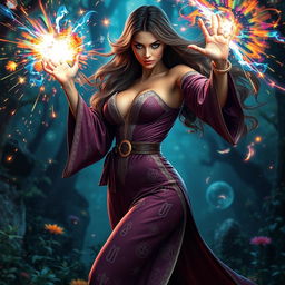 A sexy female wizard casting a powerful magical blast, her body elegantly posed and exuding a confident energy