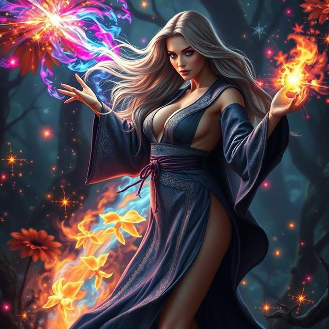 A sexy female wizard casting a powerful magical blast, her body elegantly posed and exuding a confident energy