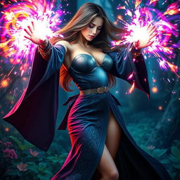 A sexy female wizard casting a powerful magical blast, her body elegantly posed and exuding a confident energy