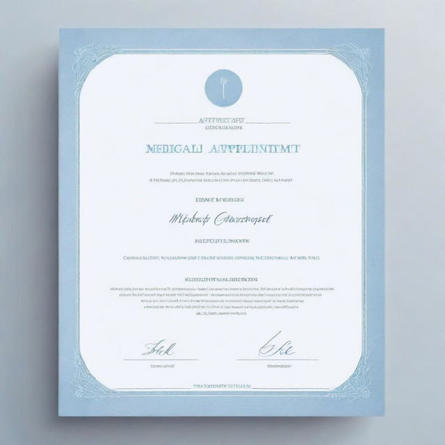 Minimalistic medical appointment certificate with elegance. Background should be white, with a blend of sky-blue and gray fonts. Essential details like name, date, time and doctor's name must be included in a professional manner.