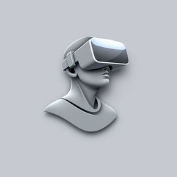 A minimalist 3D logo design featuring a sleek, abstract representation of a person wearing virtual reality glasses