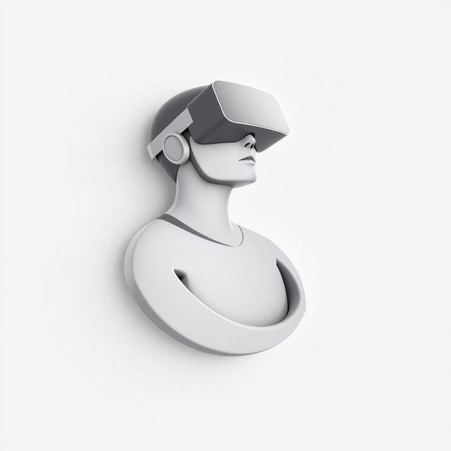 A minimalist 3D logo design featuring a sleek, abstract representation of a person wearing virtual reality glasses