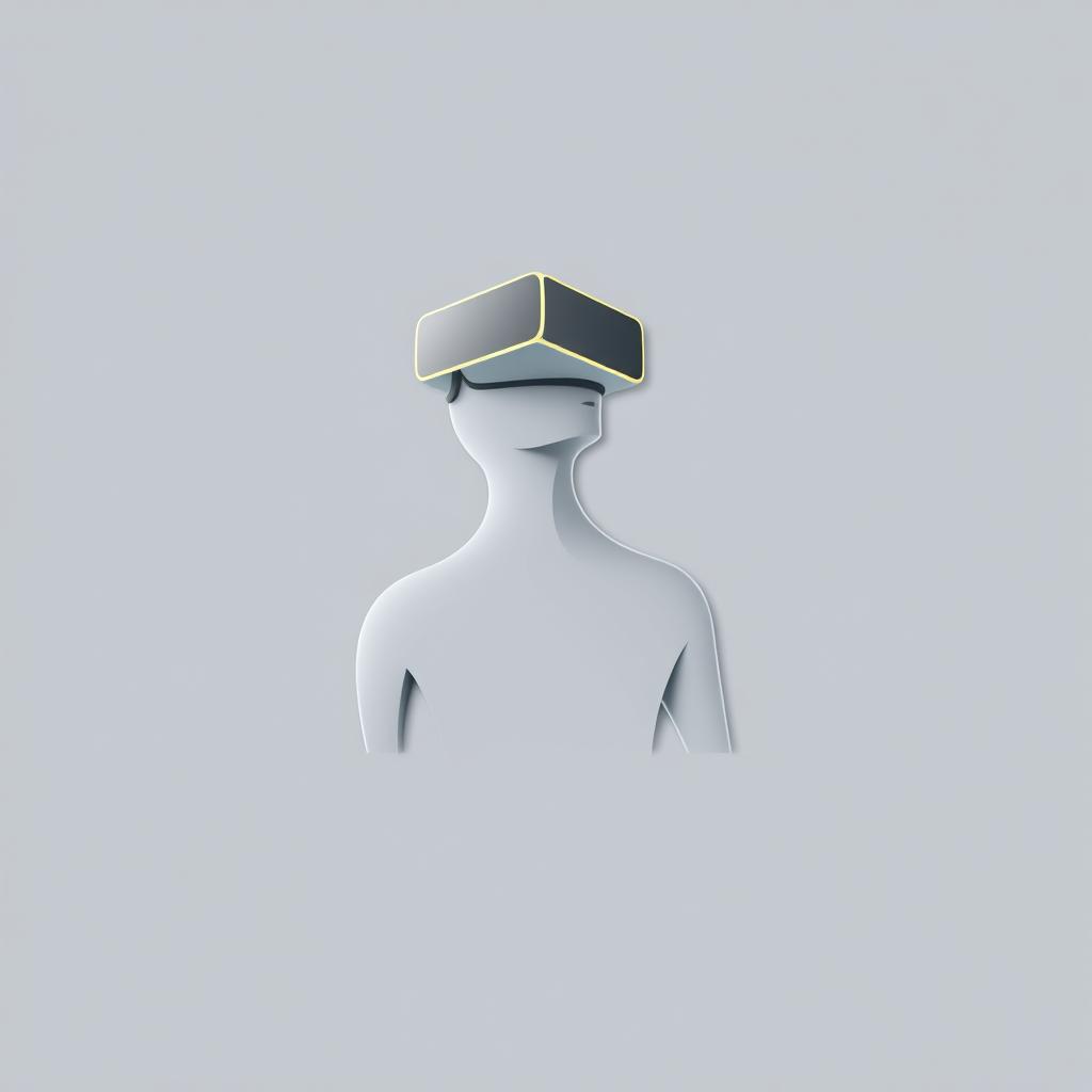 A minimalist 3D logo design featuring a sleek, abstract representation of a person wearing virtual reality glasses