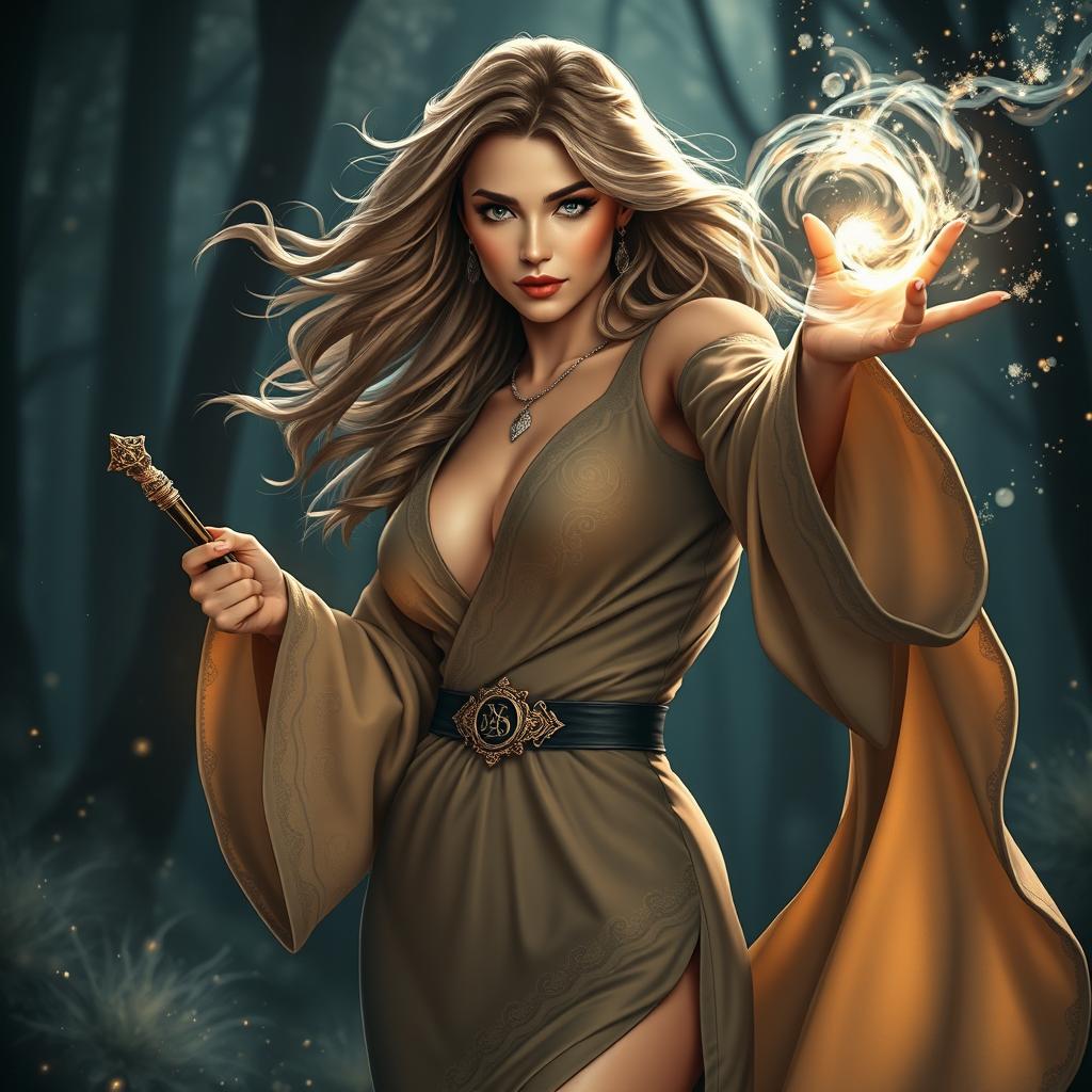 A sexy female wizard casting a spell, radiating confidence and allure