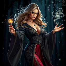 A sexy female wizard casting a spell, radiating confidence and allure