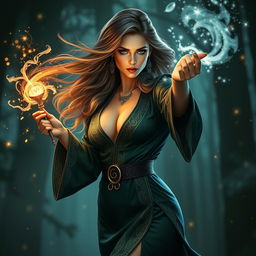 A sexy female wizard casting a spell, radiating confidence and allure