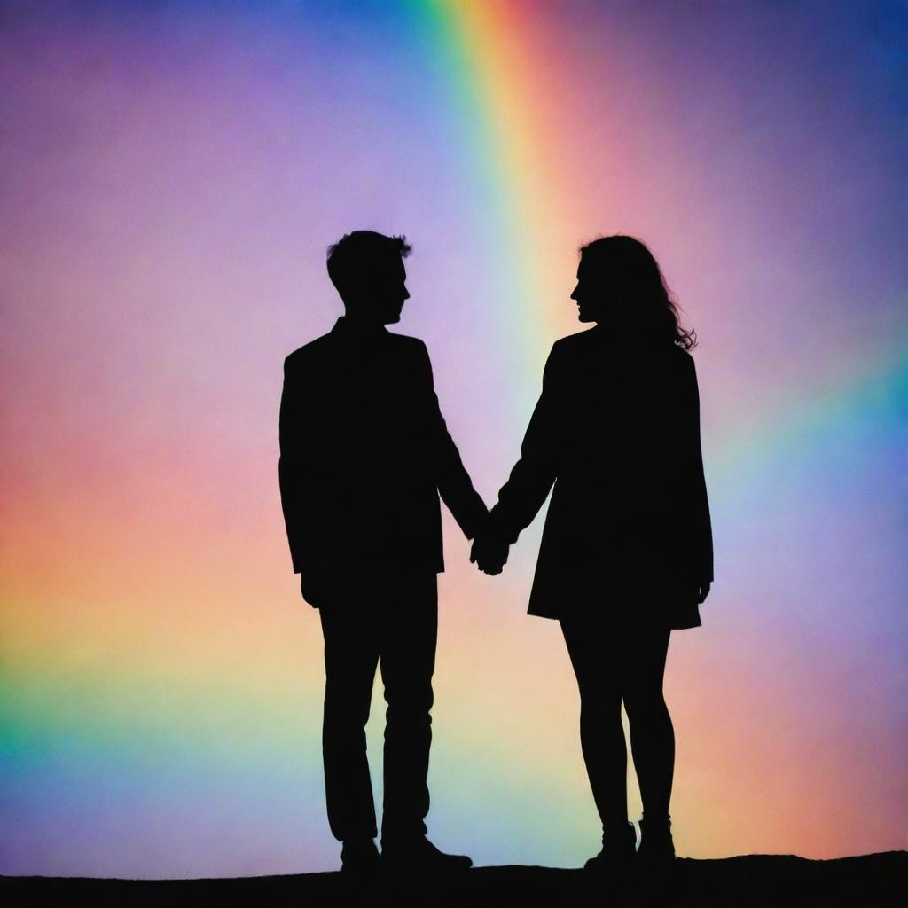 Silhouette of two same-gender figures in love, set against a vibrant rainbow skyline.