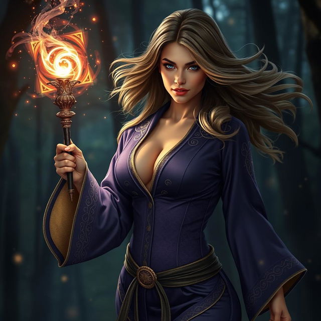 A sexy female wizard casting a spell, radiating confidence and allure