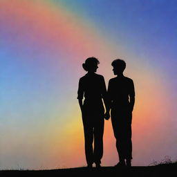 Silhouette of two same-gender figures in love, set against a vibrant rainbow skyline.