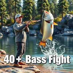 A vivid 3D visualization depicts an exhilarating bass fishing scene where a fisherman stands confidently on the shore of a tranquil lake