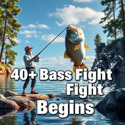 A vivid 3D visualization depicts an exhilarating bass fishing scene where a fisherman stands confidently on the shore of a tranquil lake