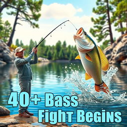 A vivid 3D visualization depicts an exhilarating bass fishing scene where a fisherman stands confidently on the shore of a tranquil lake