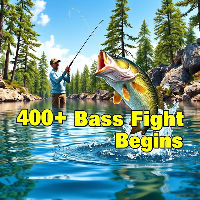 A vivid 3D visualization depicts an exhilarating bass fishing scene where a fisherman stands confidently on the shore of a tranquil lake