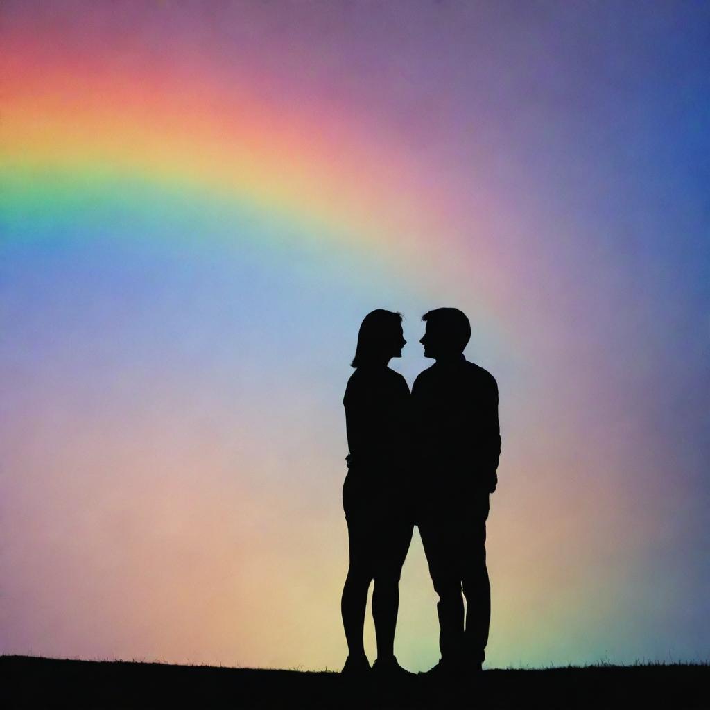 Silhouette of two same-gender figures in love, set against a vibrant rainbow skyline.