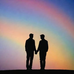 Silhouette of two same-gender figures in love, set against a vibrant rainbow skyline.