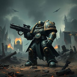 A Warhammer 40k scene featuring a mighty Space Marine in intricate, detailed armor, standing heroically on a battlefield littered with the remnants of war