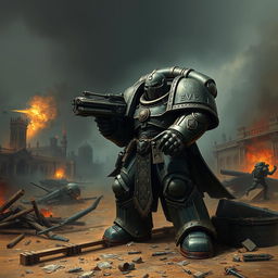 A Warhammer 40k scene featuring a mighty Space Marine in intricate, detailed armor, standing heroically on a battlefield littered with the remnants of war