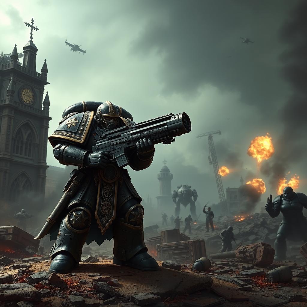 A Warhammer 40k scene featuring a mighty Space Marine in intricate, detailed armor, standing heroically on a battlefield littered with the remnants of war