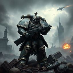 A Warhammer 40k scene featuring a mighty Space Marine in intricate, detailed armor, standing heroically on a battlefield littered with the remnants of war