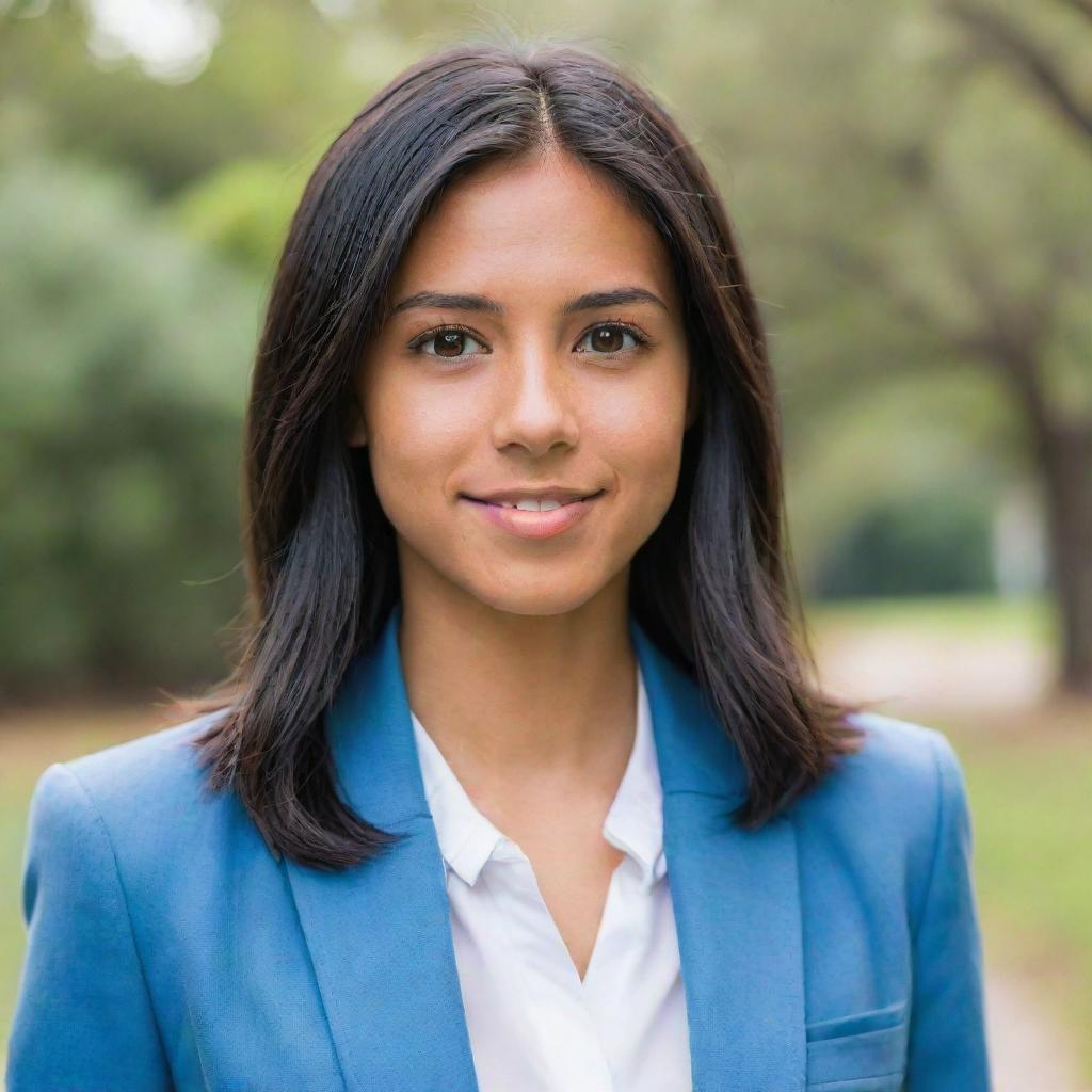 A pretty young woman with neat, straight, black, mid-length hair, natural medium tan skin, and an average build. She's shorter than average, has brown eyes that are foxy in nature, and a pointy nose. Her attire includes a light blue blazer from her university uniform.