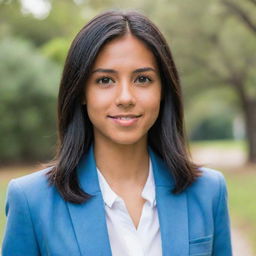 A pretty young woman with neat, straight, black, mid-length hair, natural medium tan skin, and an average build. She's shorter than average, has brown eyes that are foxy in nature, and a pointy nose. Her attire includes a light blue blazer from her university uniform.