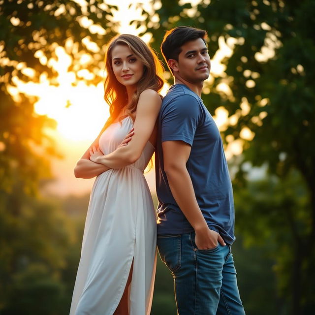 Two people standing back to back, in a serene outdoor setting