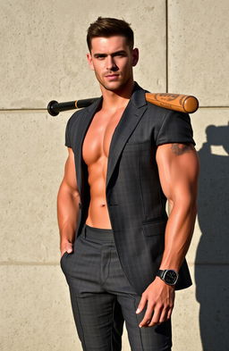 A muscular man standing confidently in front of a textured concrete wall, wearing a tailored suit that enhances his physique