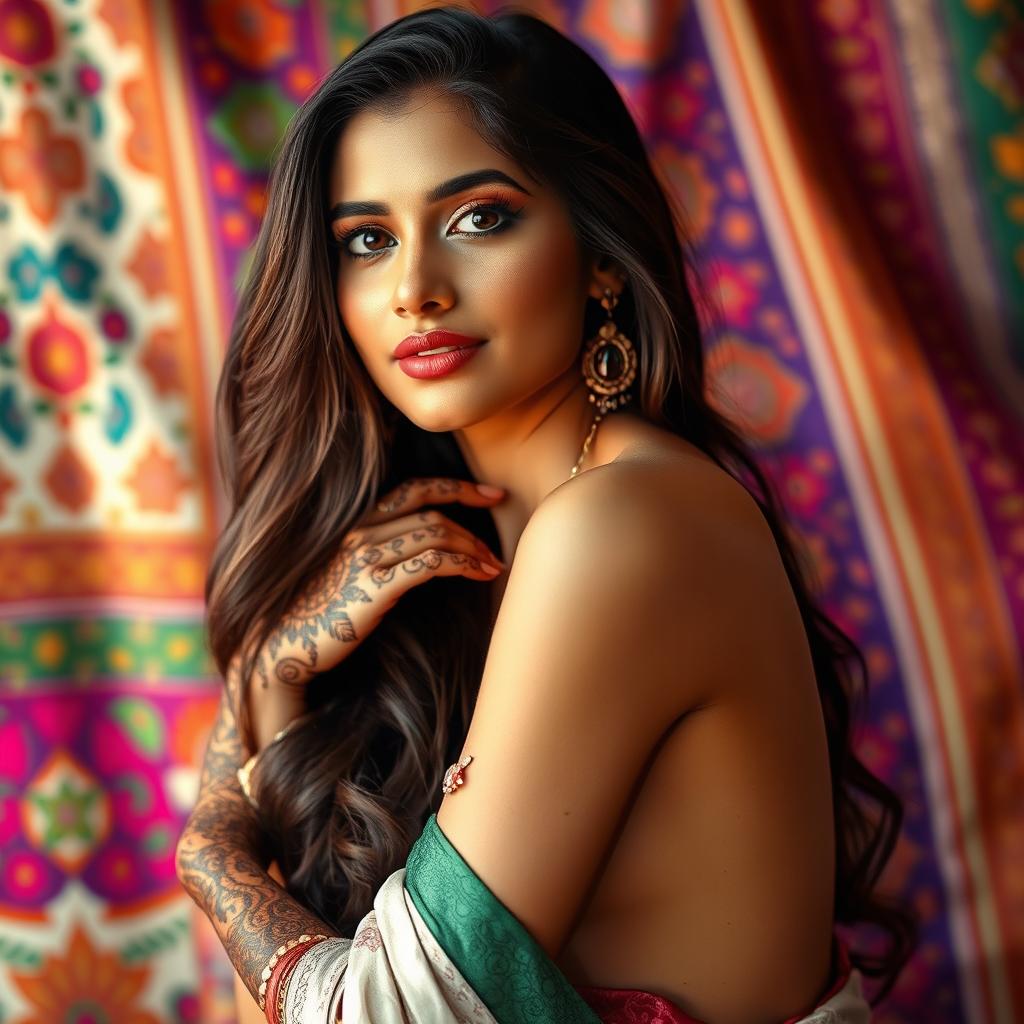 A captivating scene of a beautiful Indian woman, exuding confidence and allure, posing tastefully against a vibrant backdrop