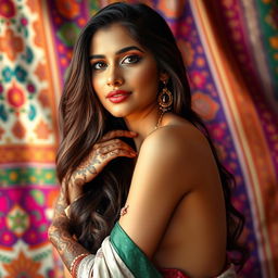 A captivating scene of a beautiful Indian woman, exuding confidence and allure, posing tastefully against a vibrant backdrop