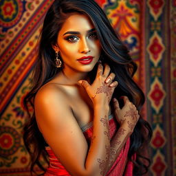 A captivating scene of a beautiful Indian woman, exuding confidence and allure, posing tastefully against a vibrant backdrop