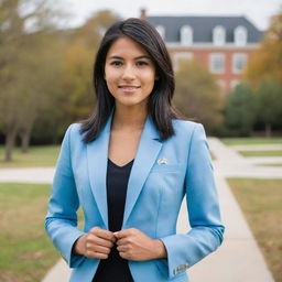 A pretty young woman with neat, straight, black, mid-length hair, natural medium tan skin, and an average build. She's shorter than average, has brown eyes that are foxy in nature, and a pointy nose. Her attire includes a light blue blazer from her university uniform.