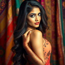 A captivating scene of a beautiful Indian woman, exuding confidence and allure, posing tastefully against a vibrant backdrop