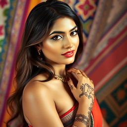 A captivating scene of a beautiful Indian woman, exuding confidence and allure, posing tastefully against a vibrant backdrop