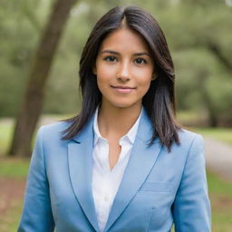 A pretty young woman with neat, straight, black, mid-length hair, natural medium tan skin, and an average build. She's shorter than average, has brown eyes that are foxy in nature, and a pointy nose. Her attire includes a light blue blazer from her university uniform.