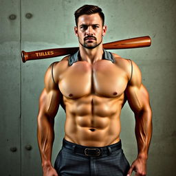 A muscular man's body standing in front of a textured concrete wall, wearing a sleek tailored suit that showcases his athletic build